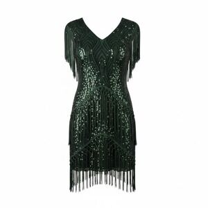 BABEYOND Emerald Green Sequin Fringe Flapper Dress 1920s Gatsby Style Party XS